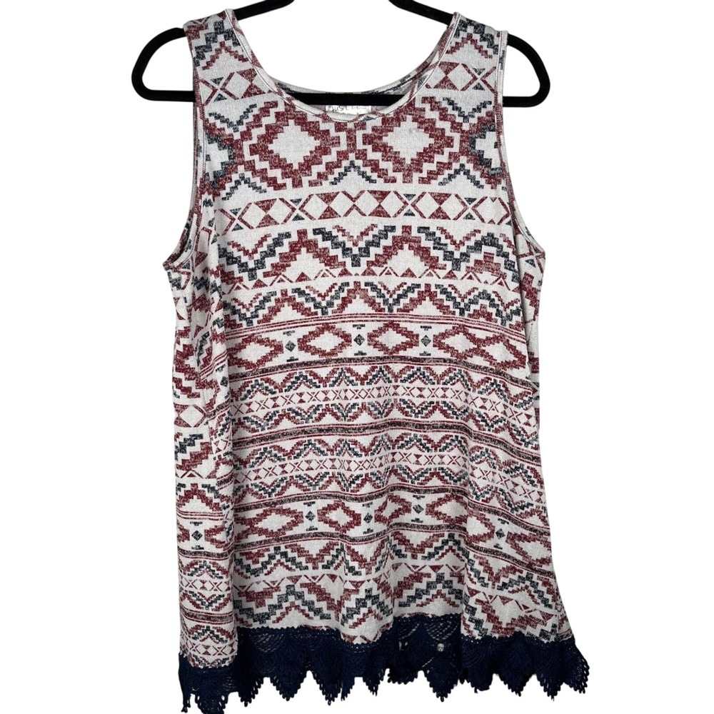 Just Be Aztec Tank Top Sleeveless Lace Trim Casual Summer White Red 1X Patriotic